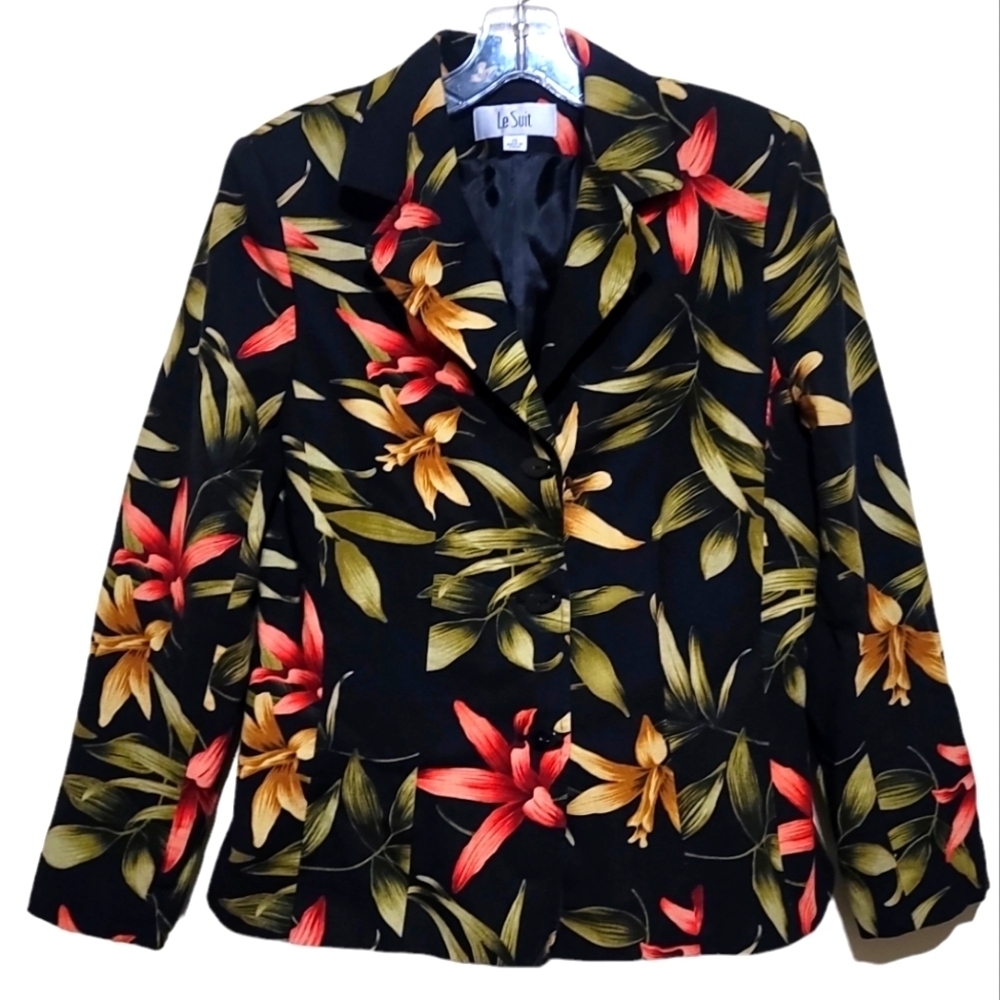 Le Suit Black Floral Blazer with Red and Yellow Flowers